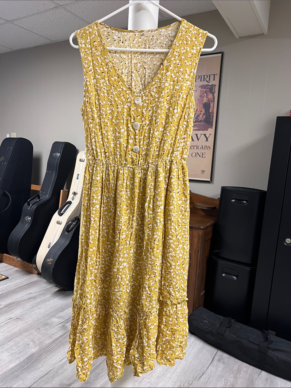 SHEIN Sleeveless Yellow Floral Midi Dress with Button Front SZ SMALL